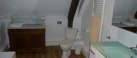A bathroom with a toilet, a wooden vanity, a marble countertop, a green sink, and a mirror.
