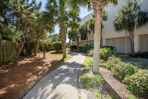 A pathway leading to a building with a covered entrance, surrounded by palm trees and a wooden fence. - Beautiful Lake View Villa in the Prestigious Kingston Plantation/Pools/Lakes (Myrtle Beach)
