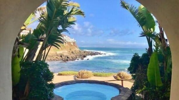 Vista de uma piscina cercada por vegetação tropical e uma costa rochosa com ondas quebrando na praia.