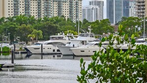 A marina with several yachts docked, surrounded by lush greenery and tall buildings in the background.