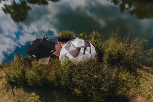 A lakeside cabin with a transparent dome structure, surrounded by dense foliage, and equipped with a black and a white umbrella.