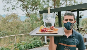 A person holding a tray with a bottle of PACCINI champagne, grapes, and cheese.