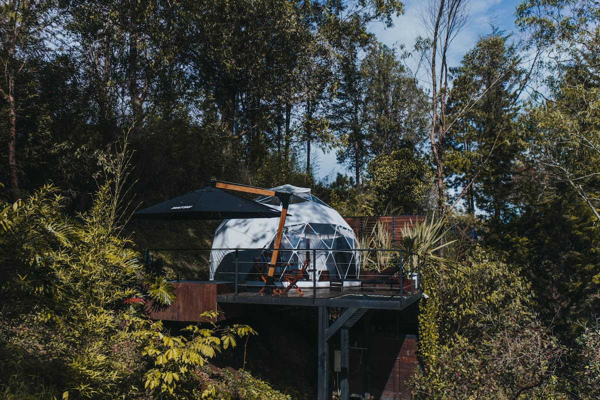 A geodesic dome structure with a wooden deck and a black roof, surrounded by dense forest.