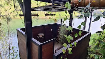 Shower, rainfall showerhead, hair dryer, bathrobes