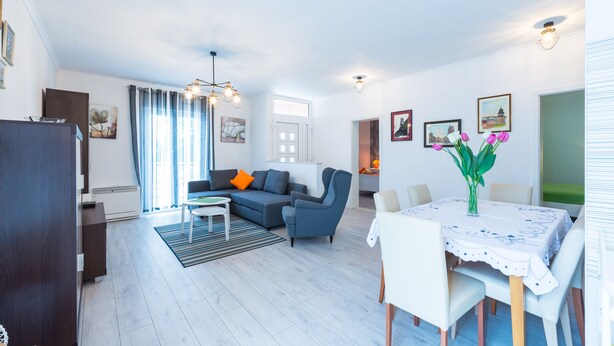 Ein modernes Wohnzimmer mit Sofa, Sesseln, einem Esstisch und einer Küchenzeile.