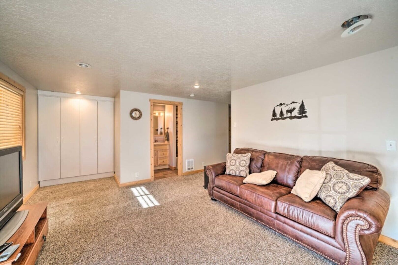 A living room with a brown leather couch, a television, and a closet.
