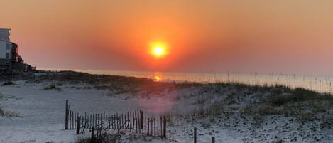 On the beach, sun-loungers