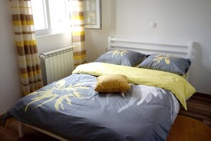 2 bedrooms, desk, laptop workspace, iron/ironing board