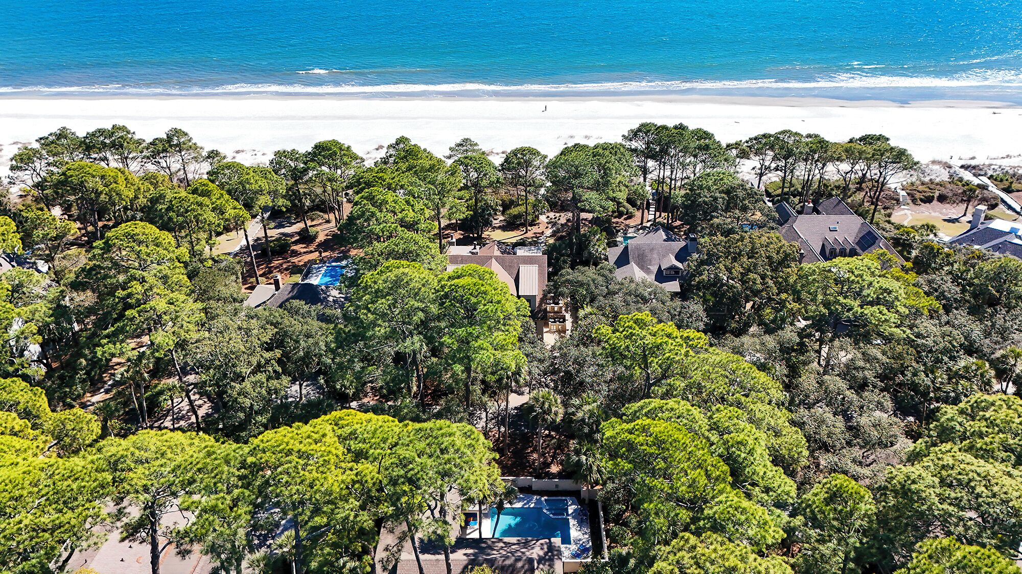 Un quartier résidentiel situé sur la côte, avec des maisons entourées d’une végétation luxuriante et une plage en arrière-plan.