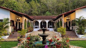 Un patio con una fuente, plantas en macetas y un edificio con arcos y techo de tejas.