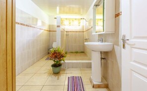 Shower, free toiletries, towels, soap