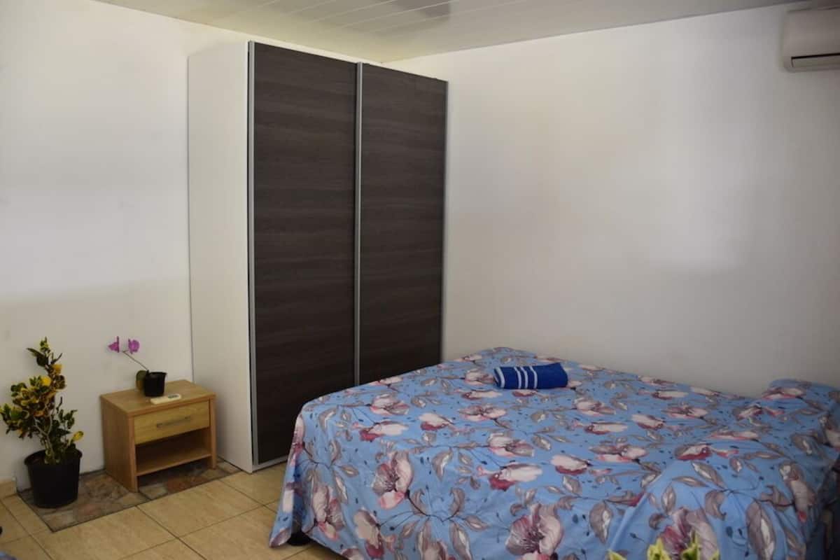Une chambre à coucher avec un lit, une armoire, une petite table de chevet avec une plante, et une plante en pot posée sur le sol.