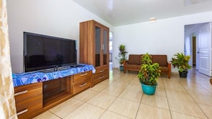 Een woonkamer met een televisie, een houten kast, een bank en potplanten.