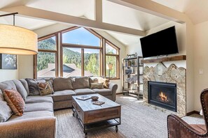 Smart TV, chimenea y libros 