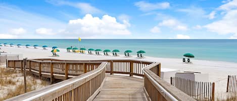 On the beach, sun-loungers, beach towels