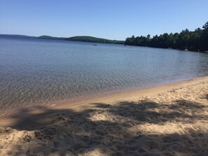 Uma praia com águas cristalinas, uma faixa de areia e uma colina arborizada ao fundo.