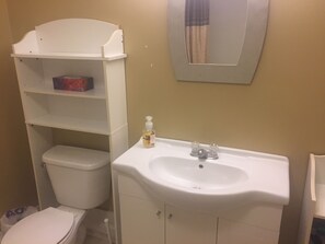 Combined shower/bathtub, hair dryer, towels, soap