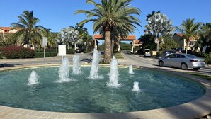 A circular fountain with water jets, surrounded by palm trees and a paved walkway.
