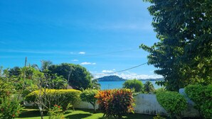 Un jardín bien cuidado con diversas plantas y vistas a un lago y montañas al fondo.