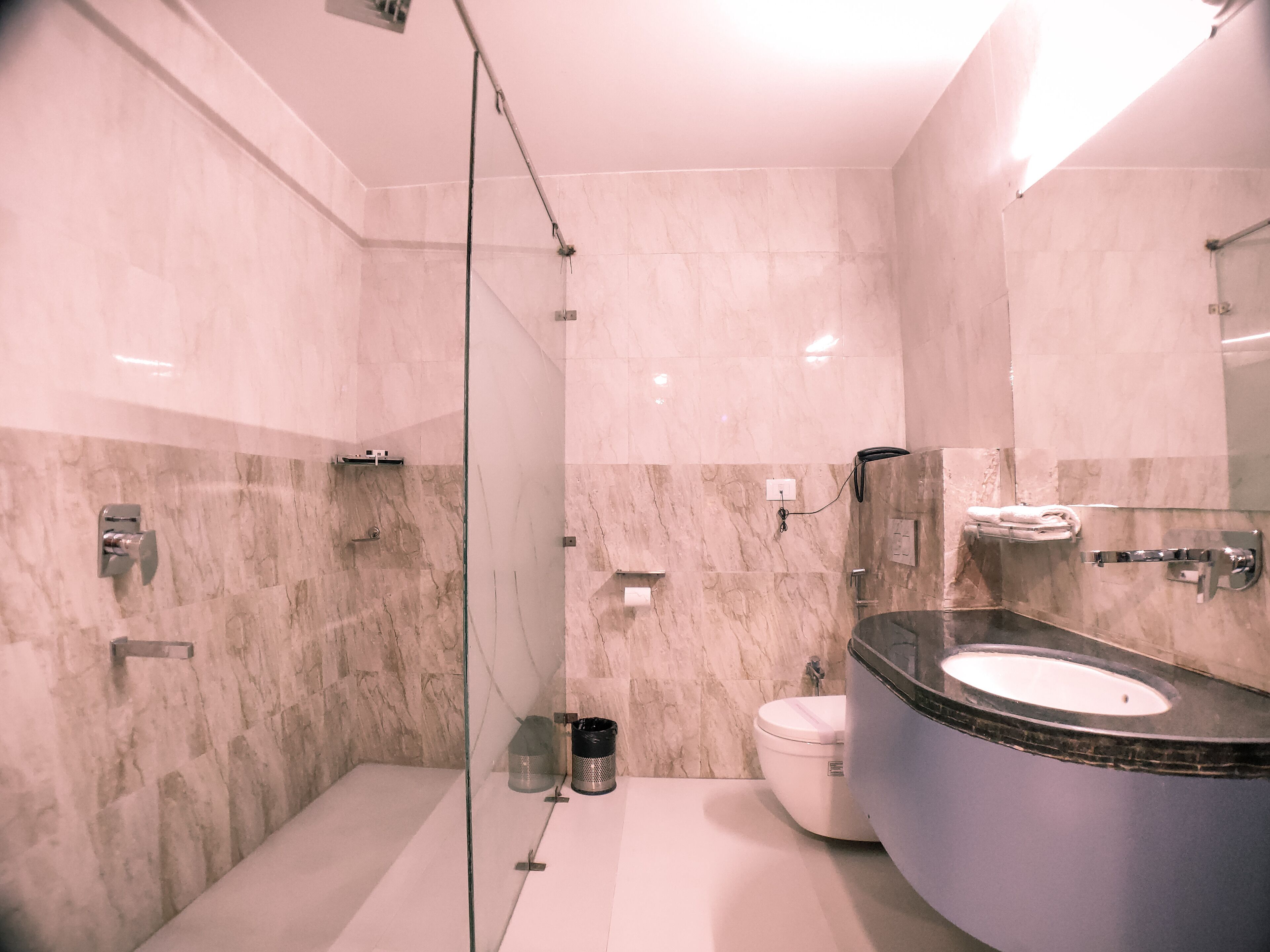 A modern bathroom with a glass shower enclosure, a white toilet, and a curved vanity with a black countertop.