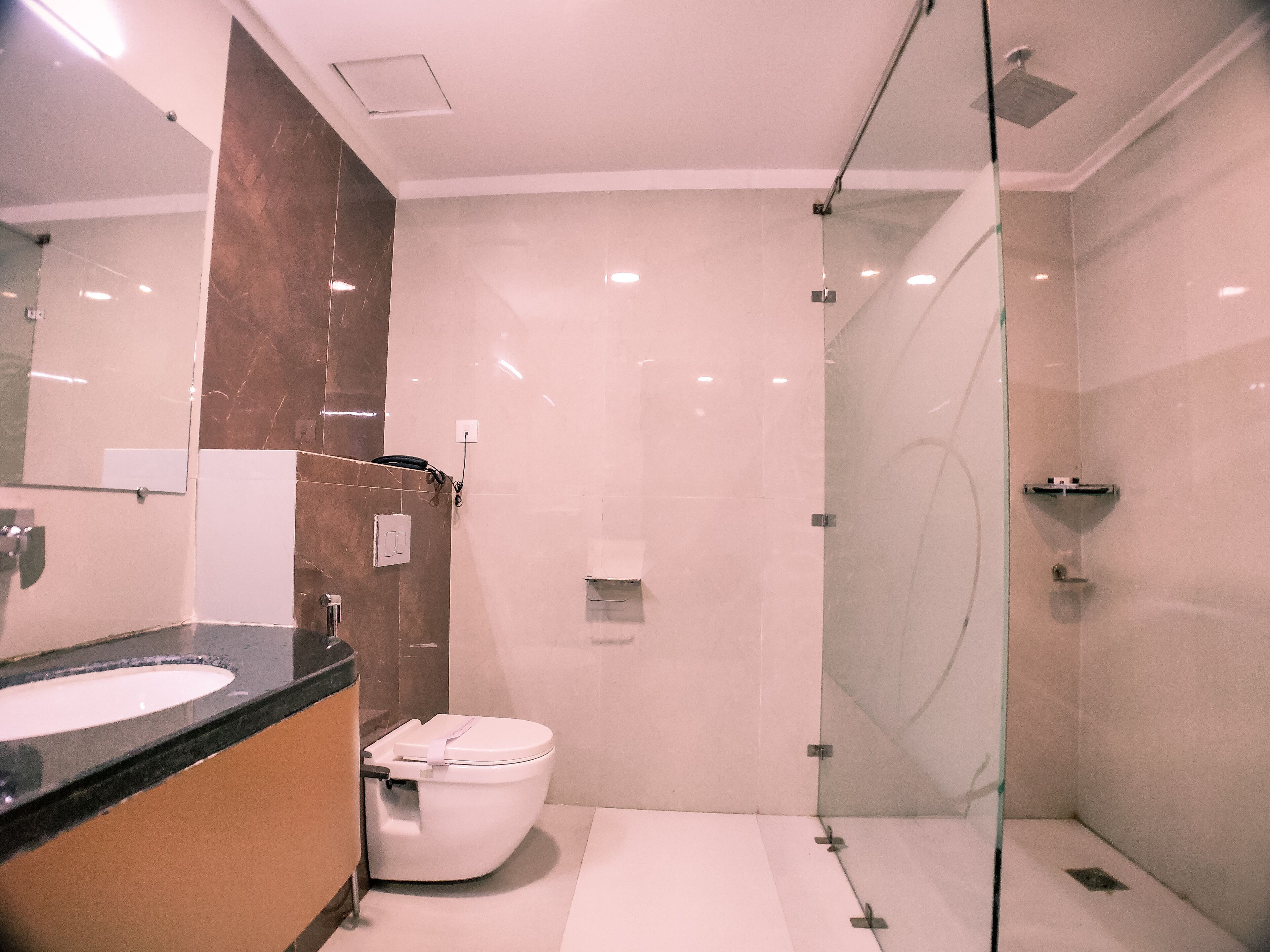 A modern bathroom with a glass-enclosed shower, a white toilet, and a vanity with a black countertop.