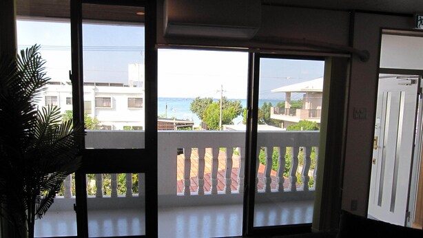 A room with a wooden floor, a potted plant, and a view of a balcony with a railing. - Hibisu yabu (Nago)