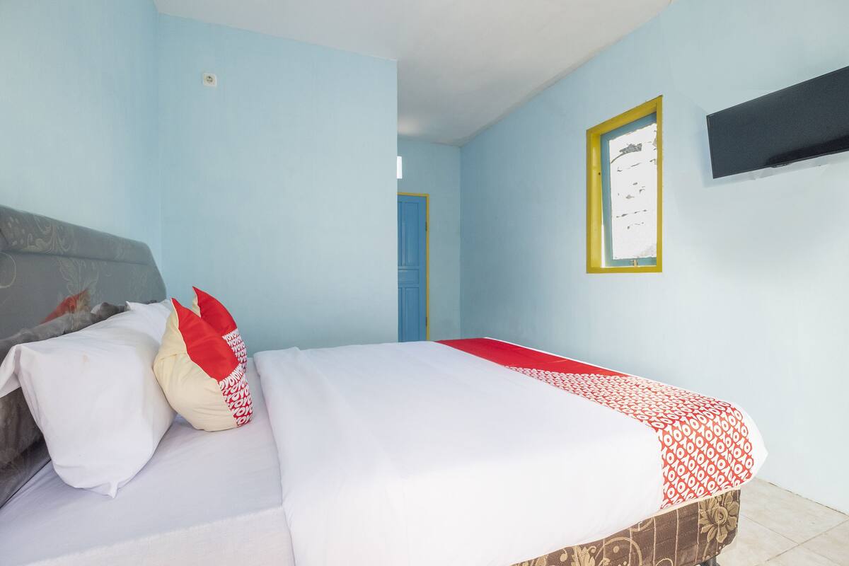 A bedroom with a bed, pillows, a TV, and a door.