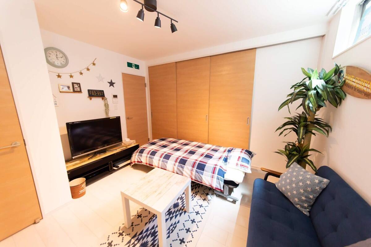 A small, well-lit room with a bed, a TV, a sofa, and a plant.