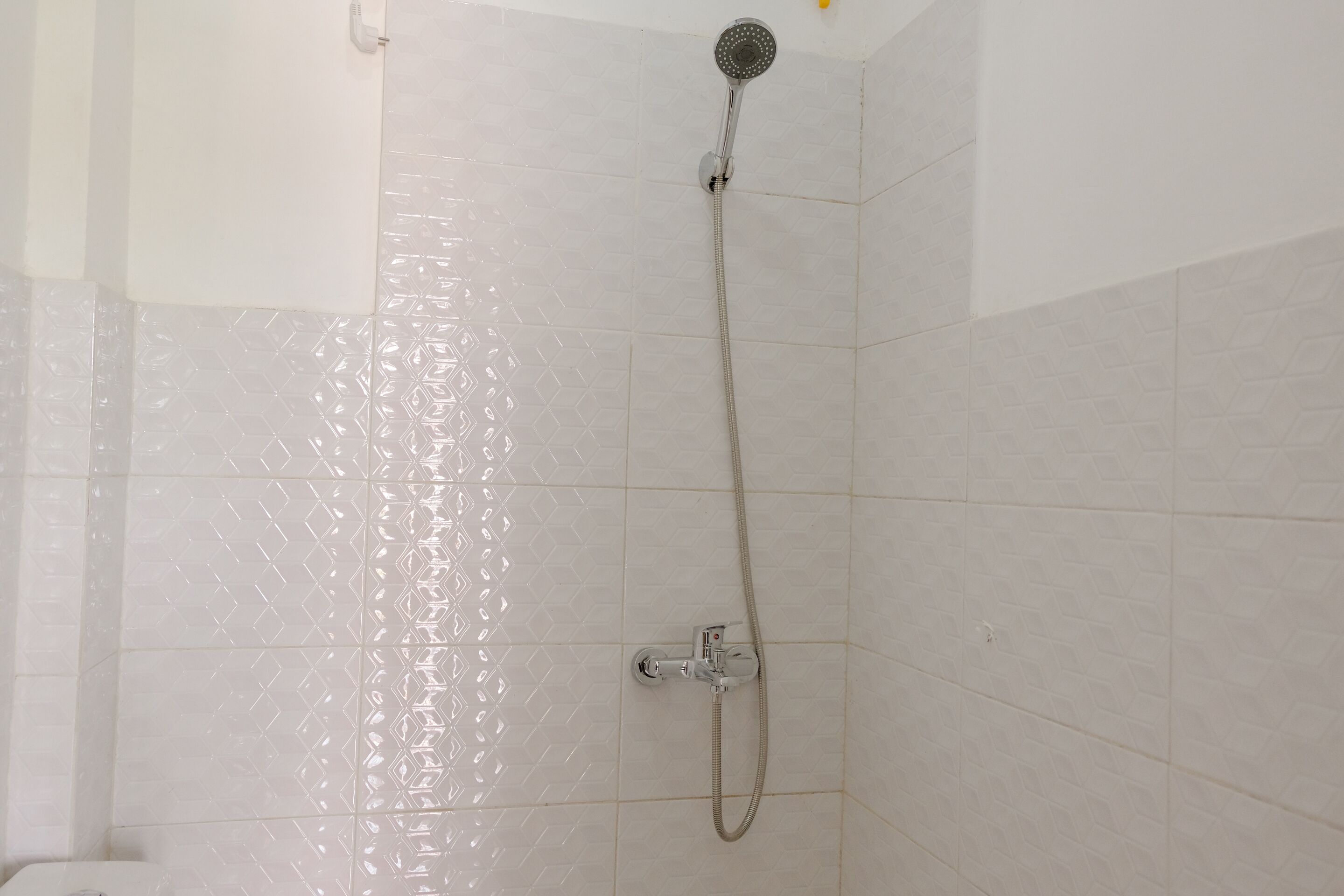 A shower area with a handheld showerhead and a wall-mounted control valve.