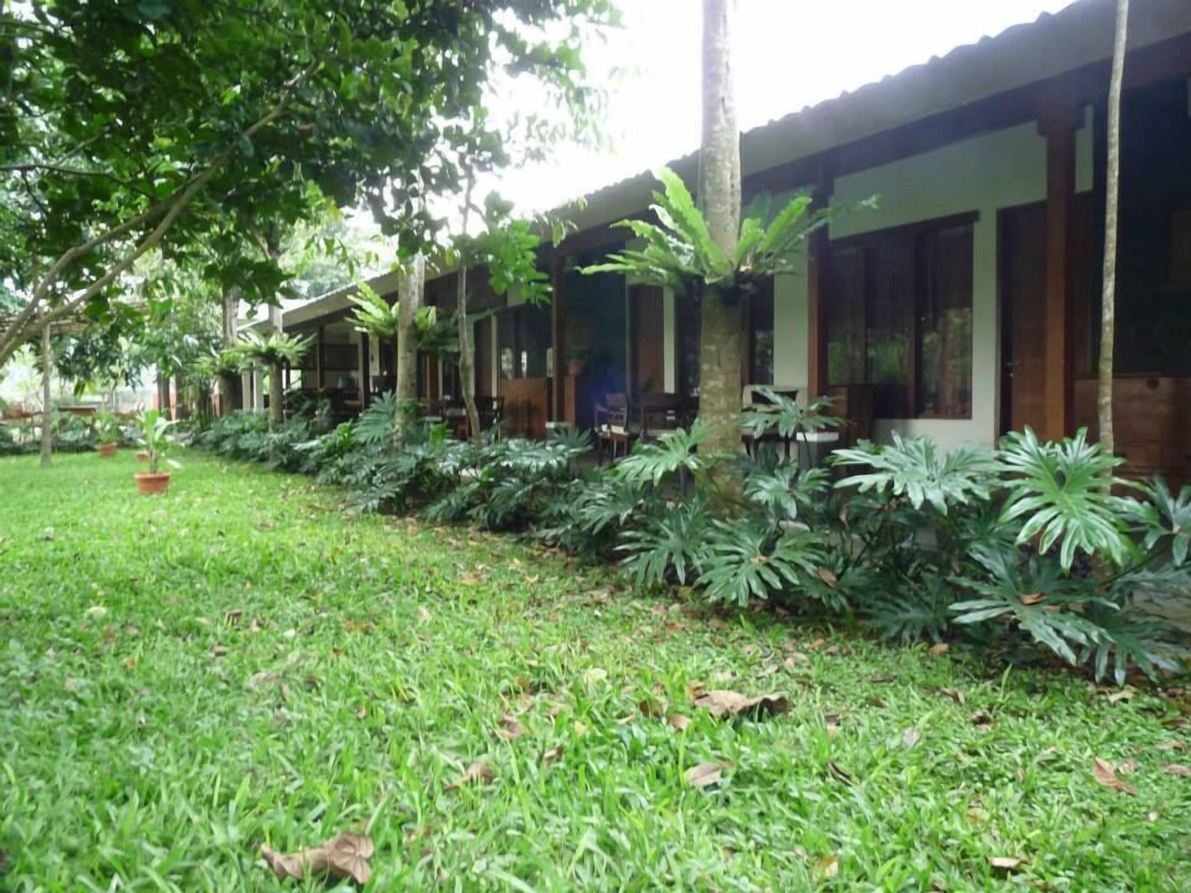 A row of single-story buildings with large windows, surrounded by lush greenery and a well-maintained lawn.