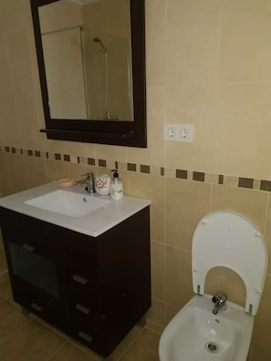 Shower, hair dryer, towels, toilet paper
