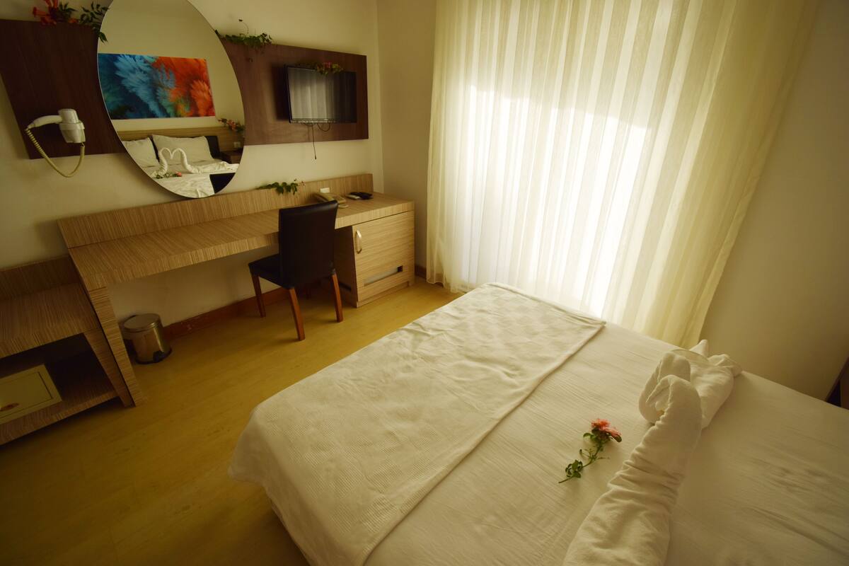 A hotel room with a bed, a desk, a chair, a mirror, and a TV.
