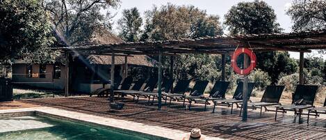 A swimming pool with clear water, surrounded by lounge chairs and a pergola.