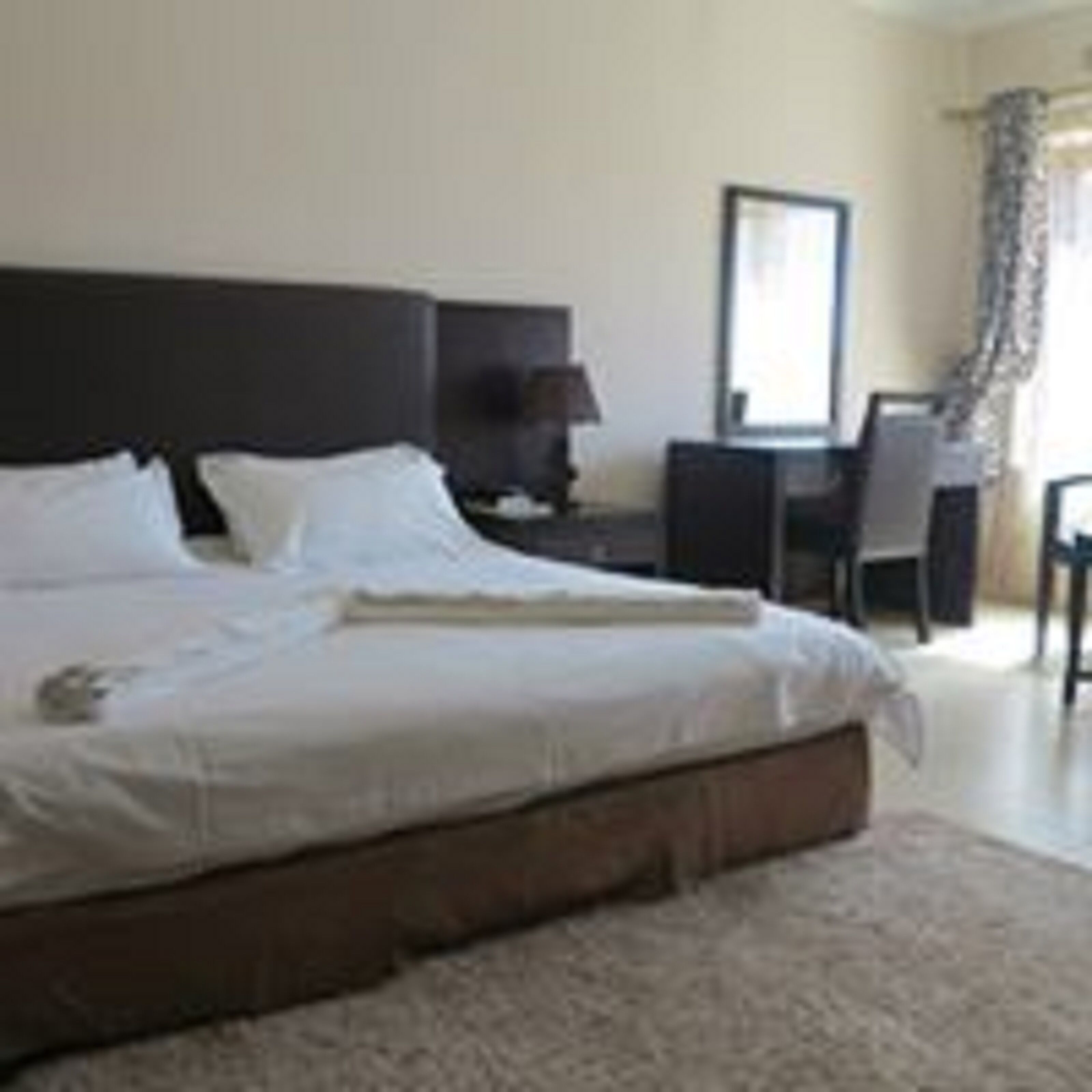 Una habitación de hotel con una cama grande, un escritorio y una silla.