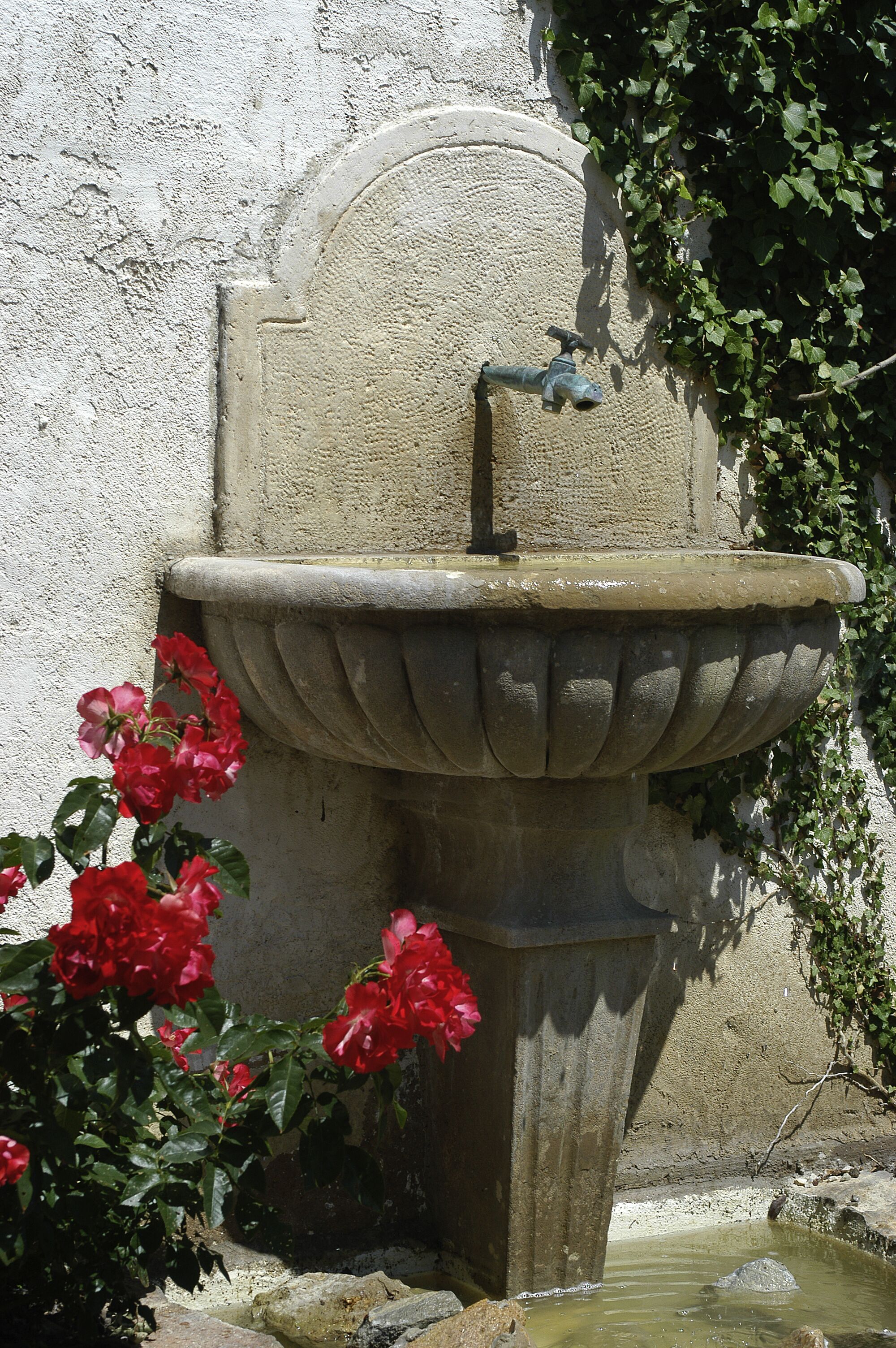 Een stenen fontein met een waterspuit, omringd door rode bloemen en een muur.