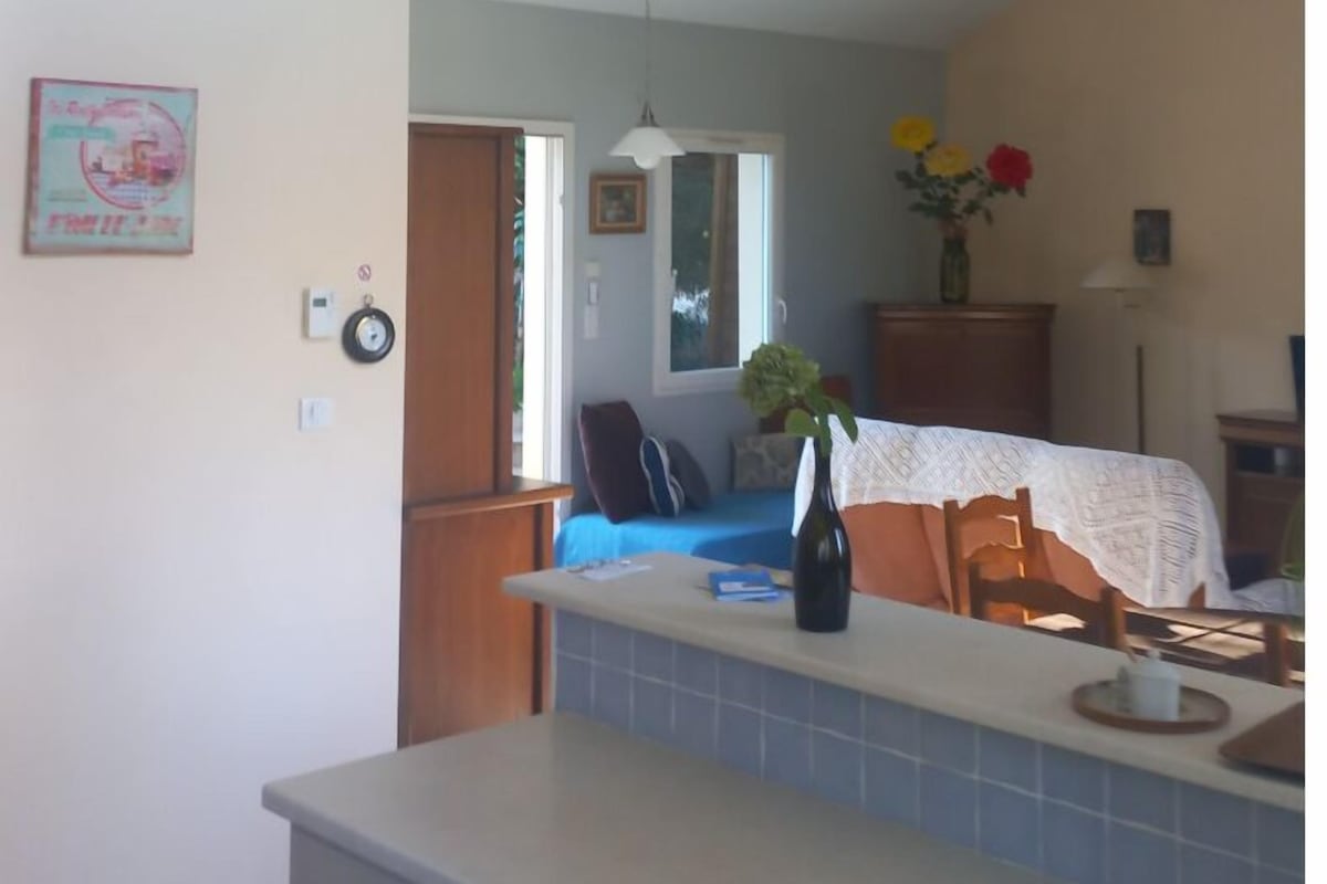 Una cuina amb una illa central, una zona de menjador amb taula i cadires, i vista del saló.