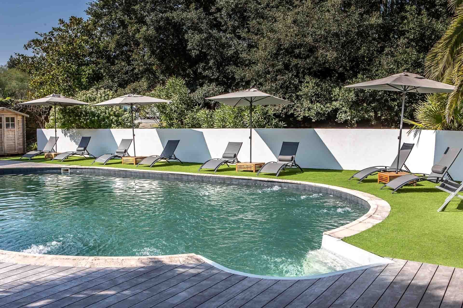 Seasonal outdoor pool, pool umbrellas, sun loungers