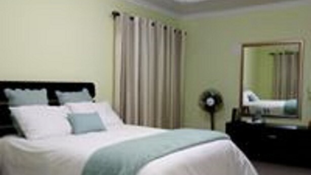 A neatly made bed with white bedding and a green throw blanket. There is a dark-colored dresser with a mirror and a small plant beside it. The room has light green walls and a ceiling light fixture. - Broken Hill Lodge (Kabwe)