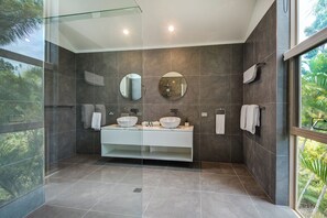 Hair dryer, towels, soap, shampoo