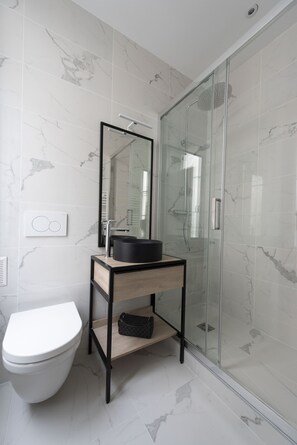 Shower, hair dryer, towels