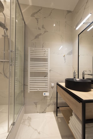 Shower, hair dryer, towels
