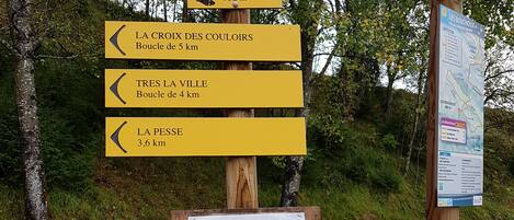 A directional signpost with multiple yellow arrows indicating distances to various destinations.