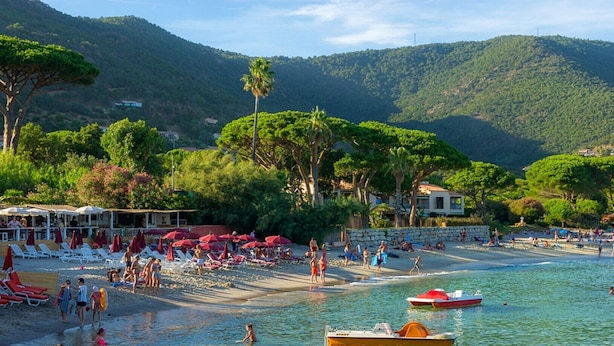 A beach with sun loungers, umbrellas, and people enjoying the water. - Studio cabin sea view terrace, internet, air conditioned (Le lavandou)