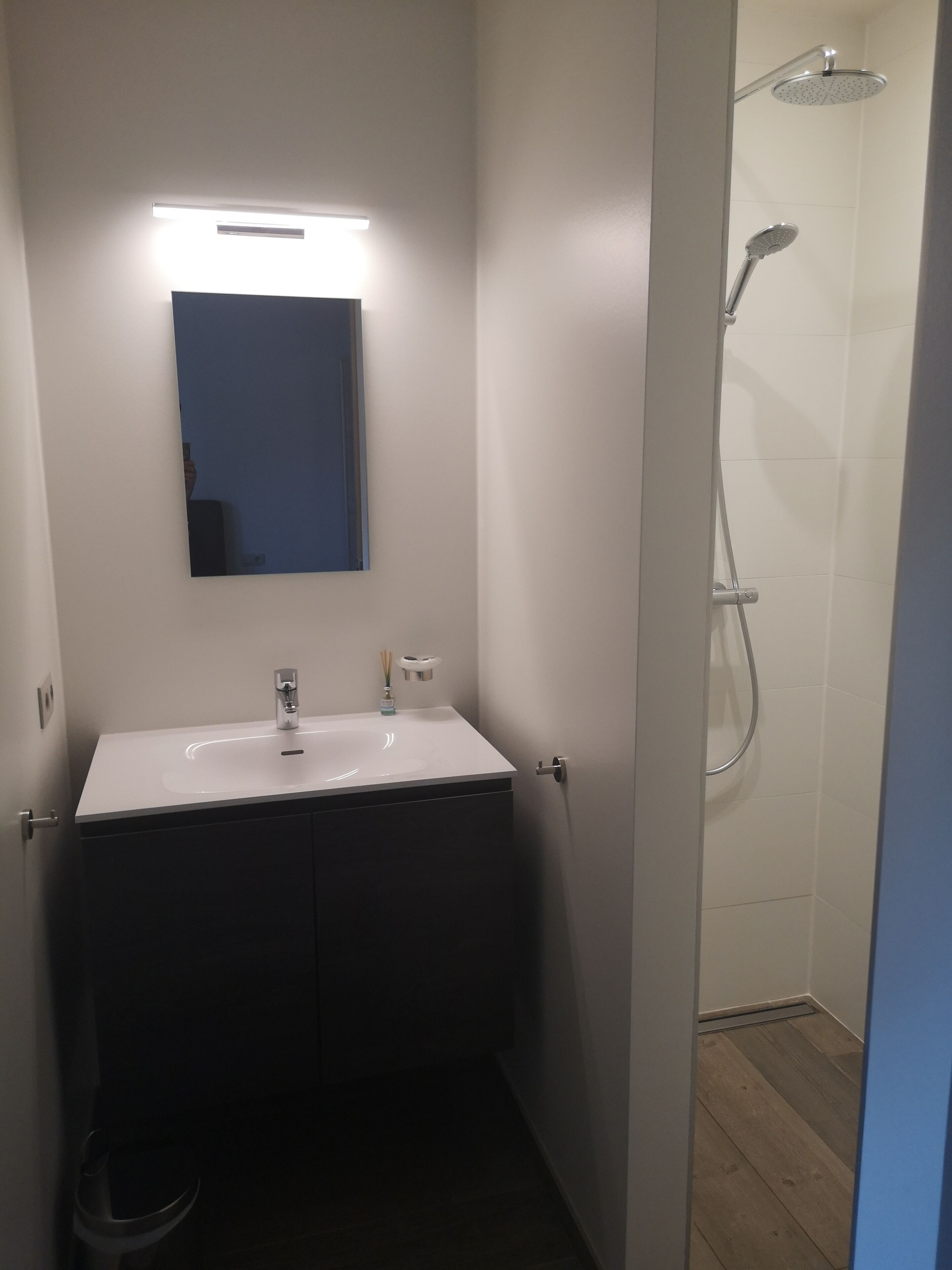 Een badkamer met een wit wastafel, een spiegel en een douche.