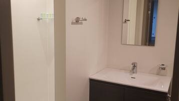 A modern bathroom with a shower, a sink, and a mirror.