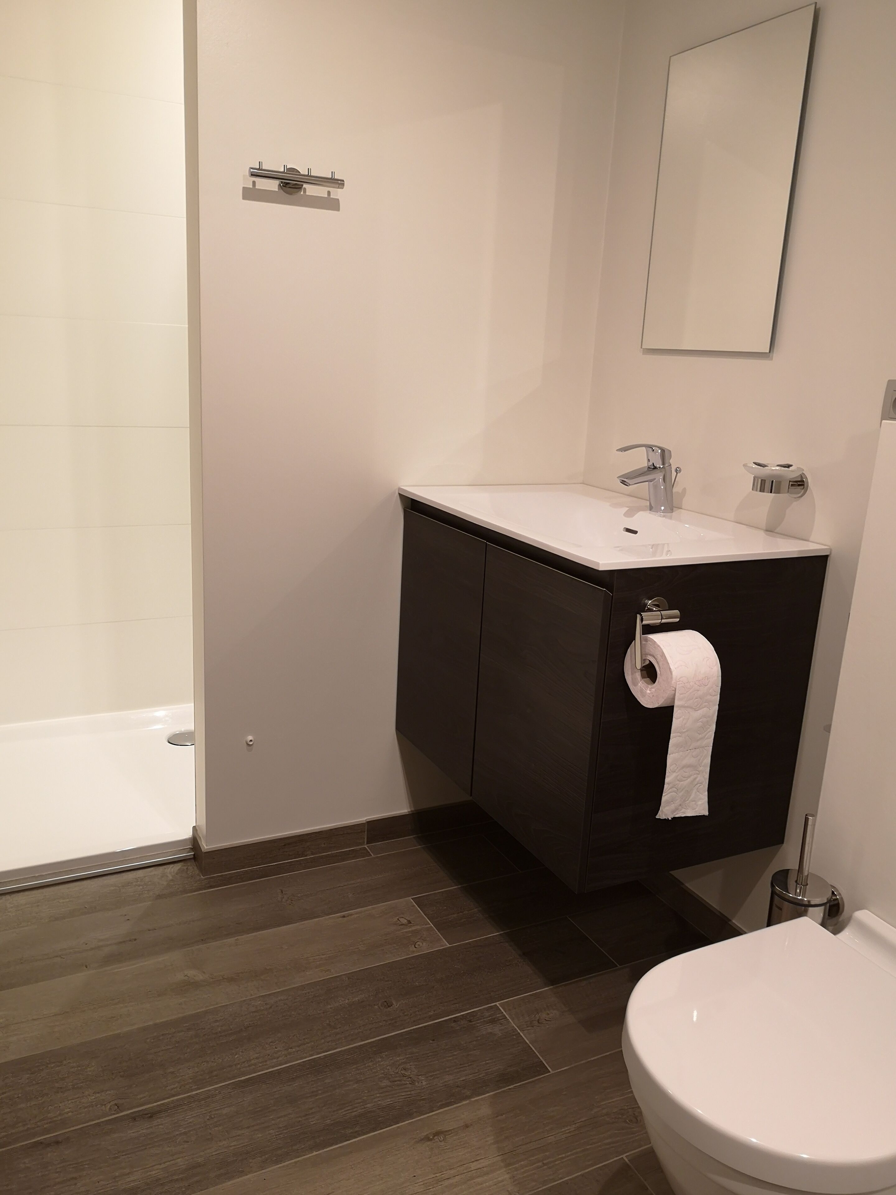 A modern bathroom with a white sink, dark wooden cabinet, and a toilet.