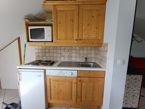 A compact kitchen with wooden cabinets, a microwave, a stove, a sink, and a dishwasher.