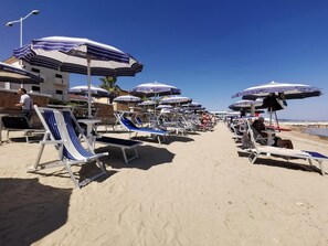 Private beach, white sand, sun-loungers, beach umbrellas