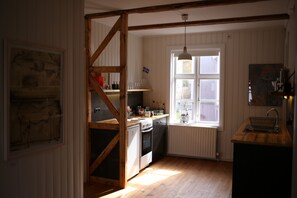 Apartment, 1 Bedroom (An Artistic Experience) | Private kitchen | Coffee/tea maker, fridge, oven, stovetop - House of the Snowbird (Reykjavik)