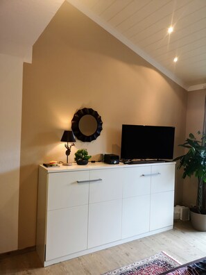 Fernseher, DVD-Player, BĂŒcher, Musikbibliothek